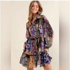 Zara Women Amelia Pathwork Chiffon Tiered Long Sleeve Floral Whimsygoth Dress XS